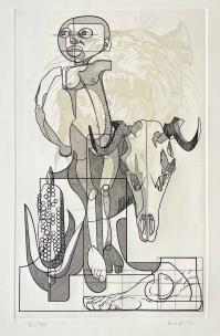 acquaforte originale firmata. - tiratura: 70. - su carta cotone Magnani di Pescia 65,5 x 46,5 cm. - (lastra 40 x 25 cm). -  Sono stati inoltre tirati otto esemplari fuori commercio segnati da A/H a H/H: i primi cinque destinati all'Autore, i rimanenti agli archivi del Museo d'Arte Contemporanea di Firenze, della Calcografia Nazionale di Roma, del MOMA di New York. Dalla cartella "Cinquanta incisioni originali di maestri italiani"